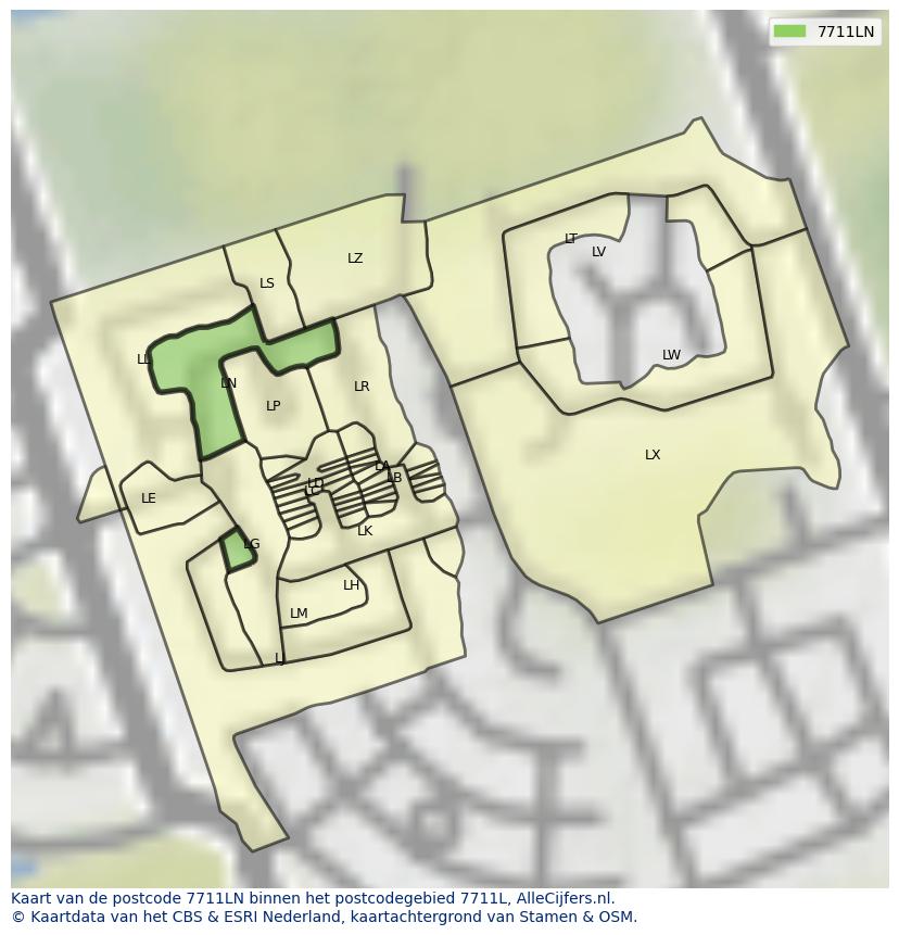Afbeelding van het postcodegebied 7711 LN op de kaart.