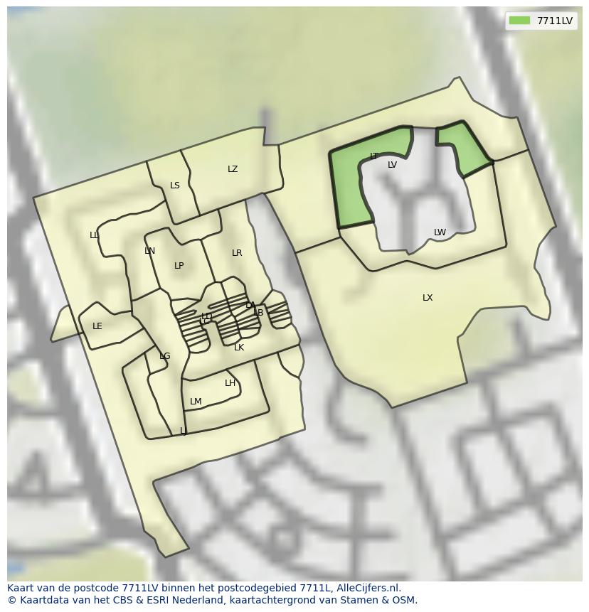 Afbeelding van het postcodegebied 7711 LV op de kaart.