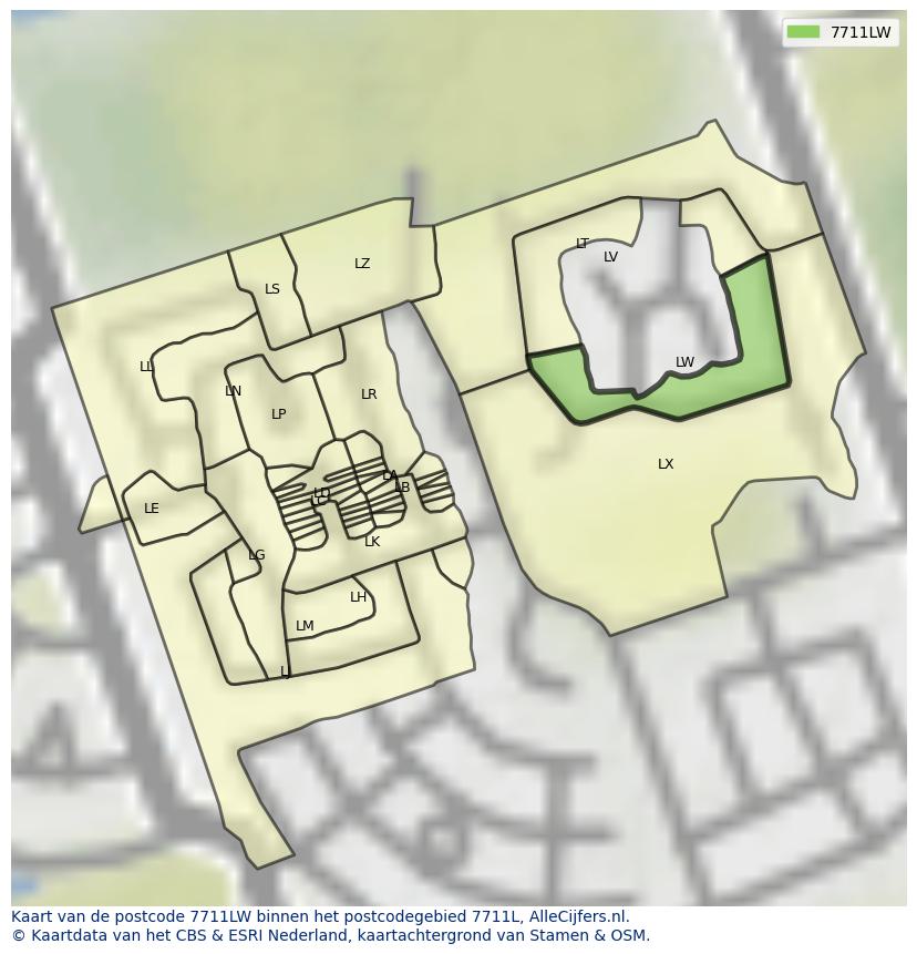Afbeelding van het postcodegebied 7711 LW op de kaart.