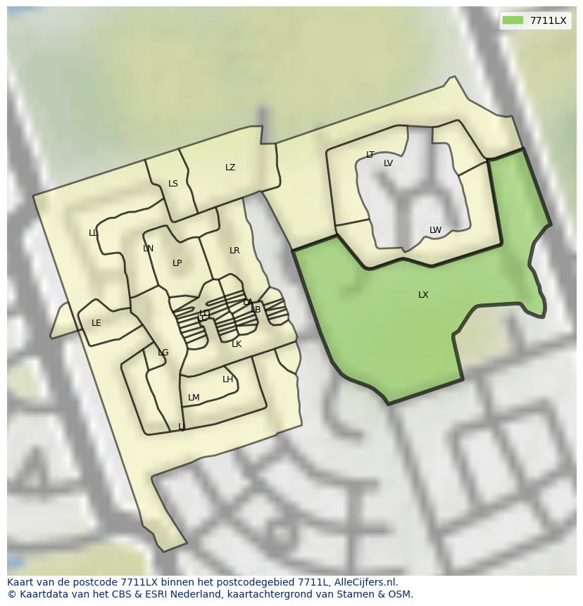 Afbeelding van het postcodegebied 7711 LX op de kaart.