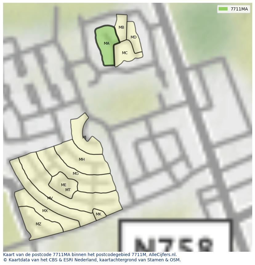 Afbeelding van het postcodegebied 7711 MA op de kaart.