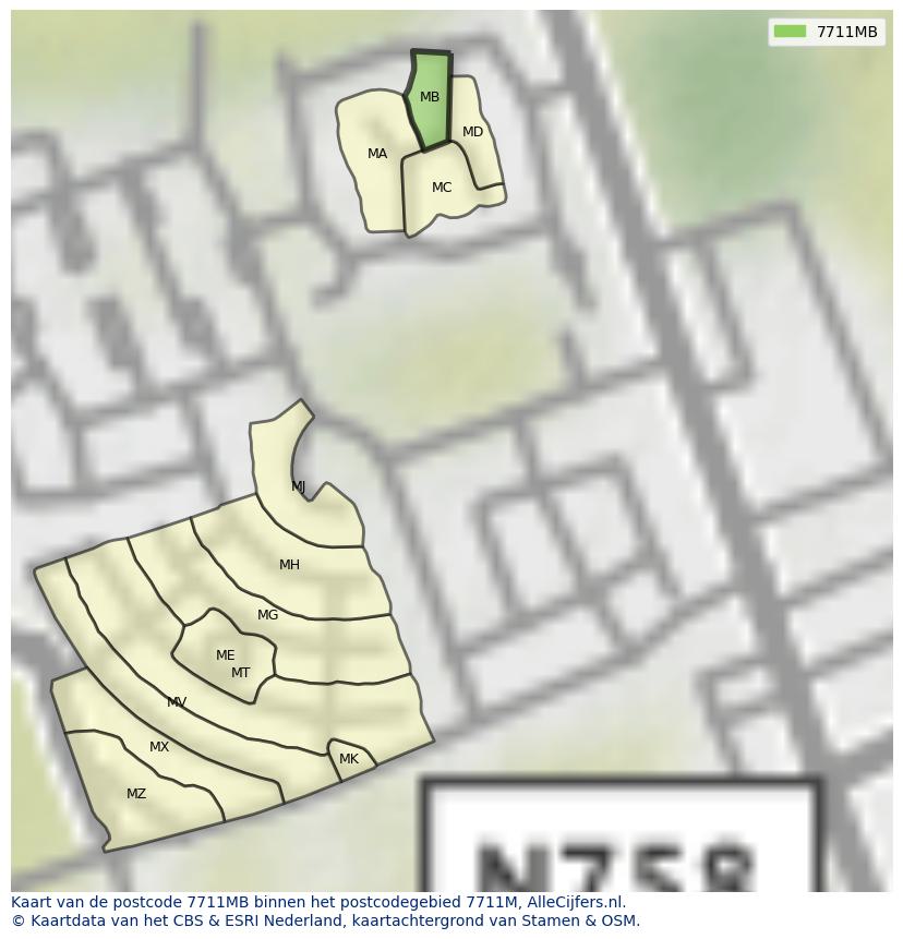 Afbeelding van het postcodegebied 7711 MB op de kaart.