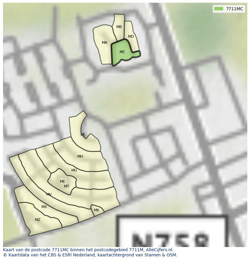 Afbeelding van het postcodegebied 7711 MC op de kaart.