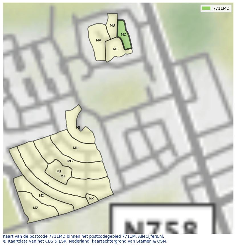 Afbeelding van het postcodegebied 7711 MD op de kaart.