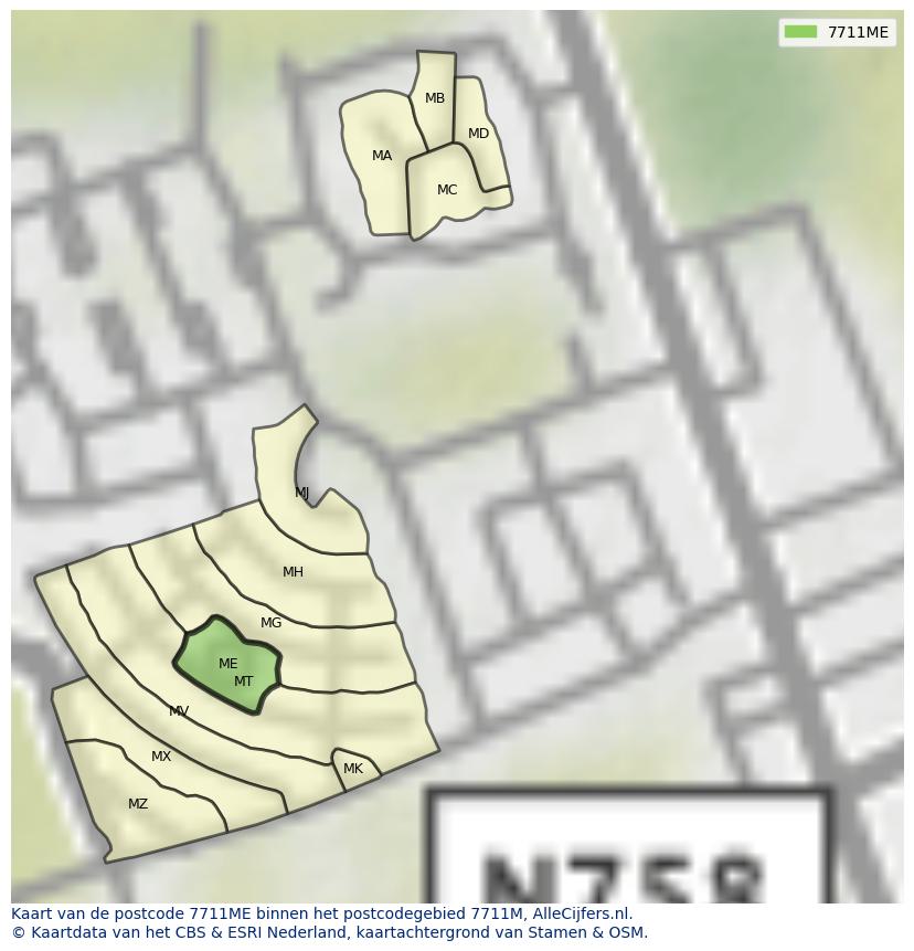 Afbeelding van het postcodegebied 7711 ME op de kaart.
