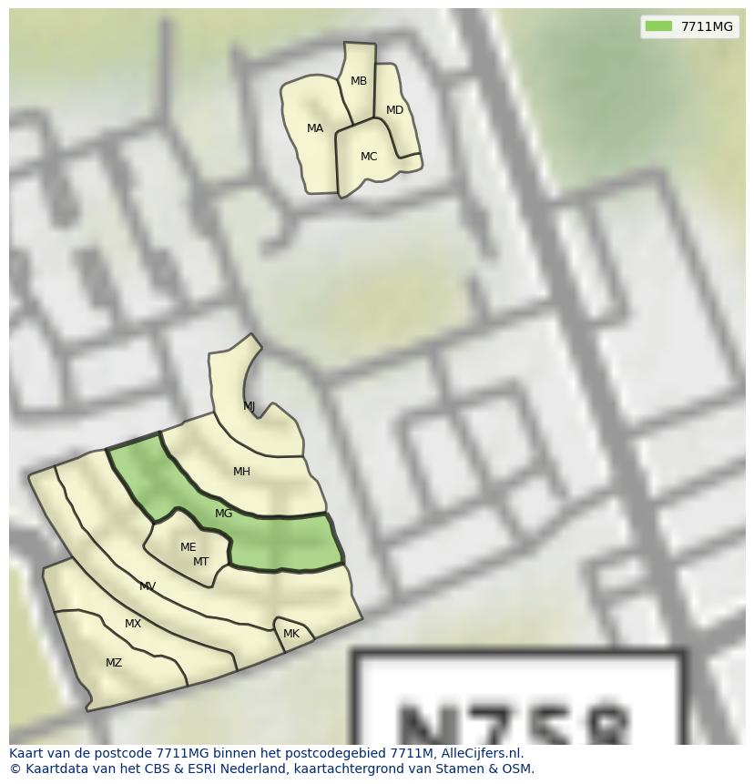 Afbeelding van het postcodegebied 7711 MG op de kaart.