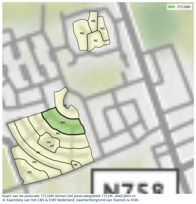 Afbeelding van het postcodegebied 7711 MH op de kaart.