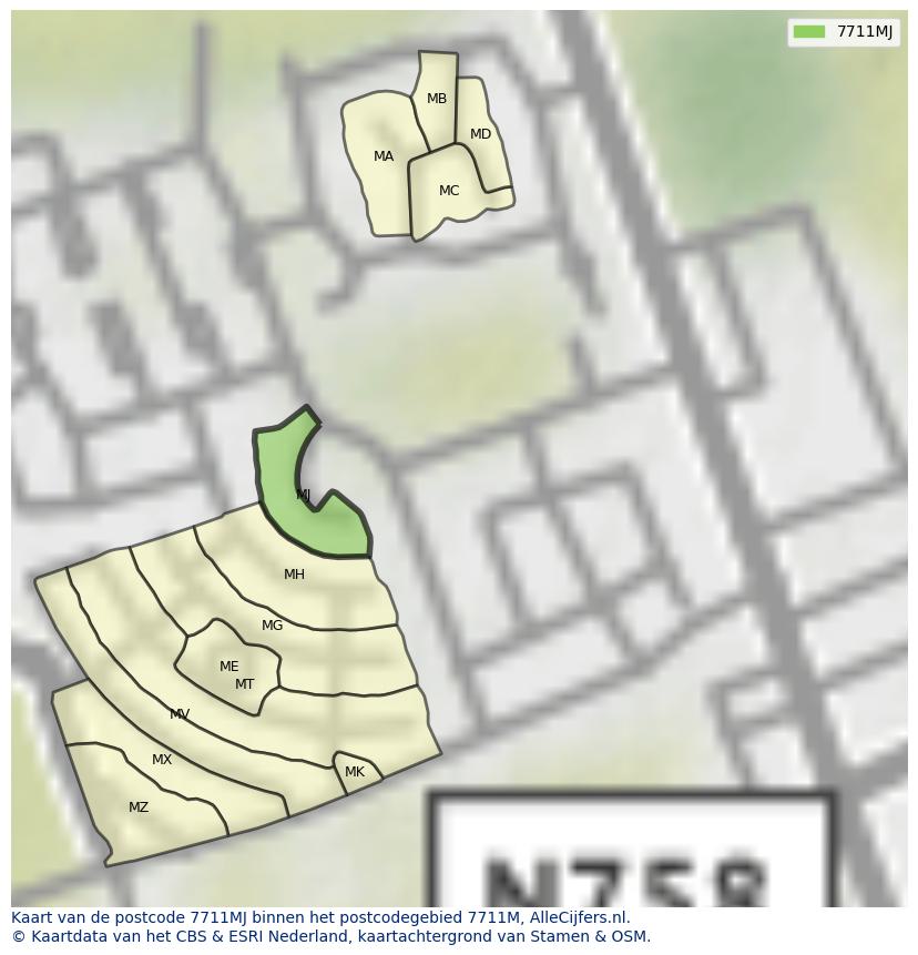 Afbeelding van het postcodegebied 7711 MJ op de kaart.