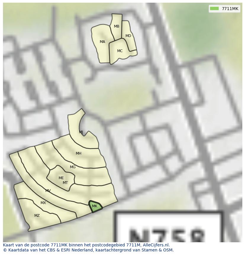 Afbeelding van het postcodegebied 7711 MK op de kaart.