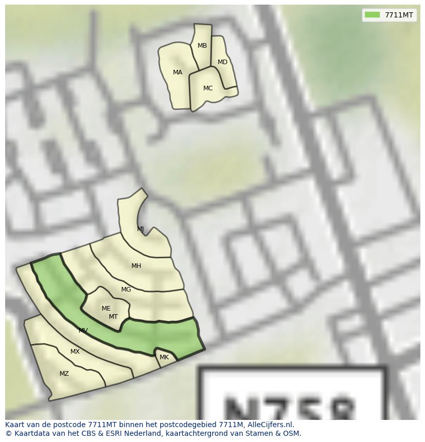 Afbeelding van het postcodegebied 7711 MT op de kaart.