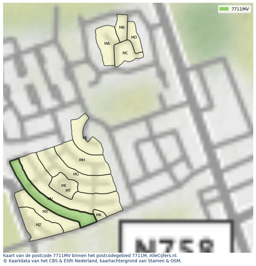 Afbeelding van het postcodegebied 7711 MV op de kaart.