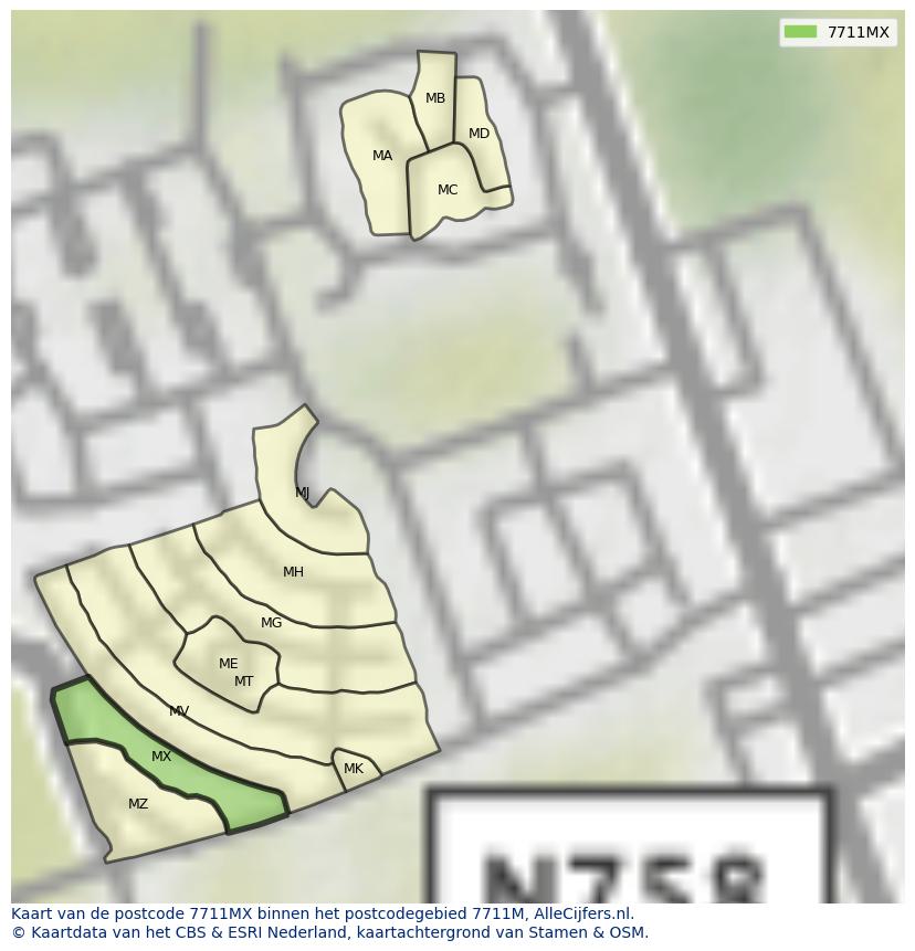 Afbeelding van het postcodegebied 7711 MX op de kaart.