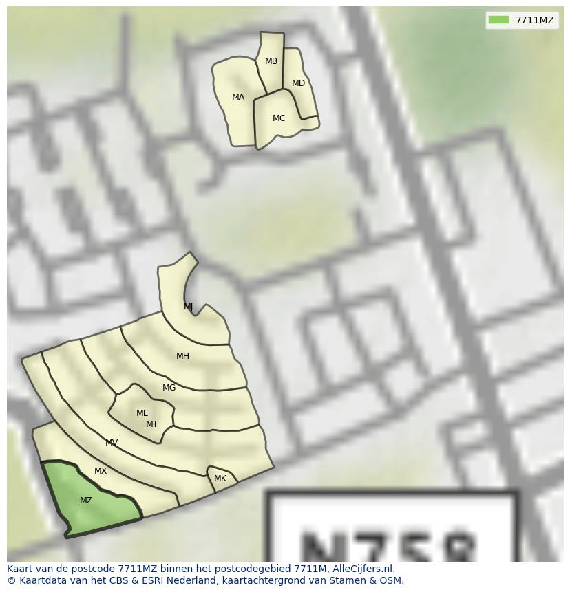 Afbeelding van het postcodegebied 7711 MZ op de kaart.