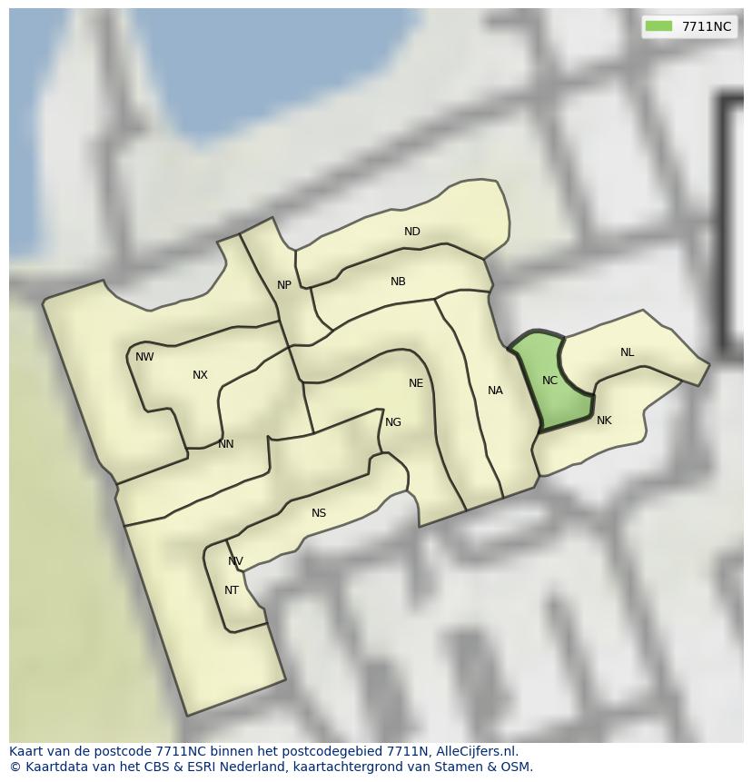 Afbeelding van het postcodegebied 7711 NC op de kaart.