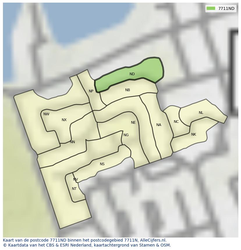 Afbeelding van het postcodegebied 7711 ND op de kaart.