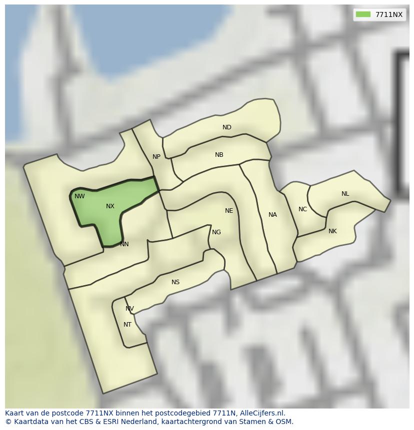 Afbeelding van het postcodegebied 7711 NX op de kaart.