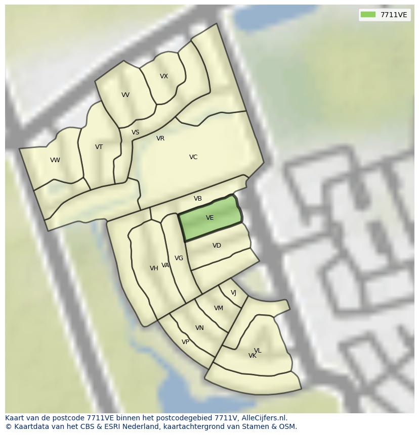 Afbeelding van het postcodegebied 7711 VE op de kaart.