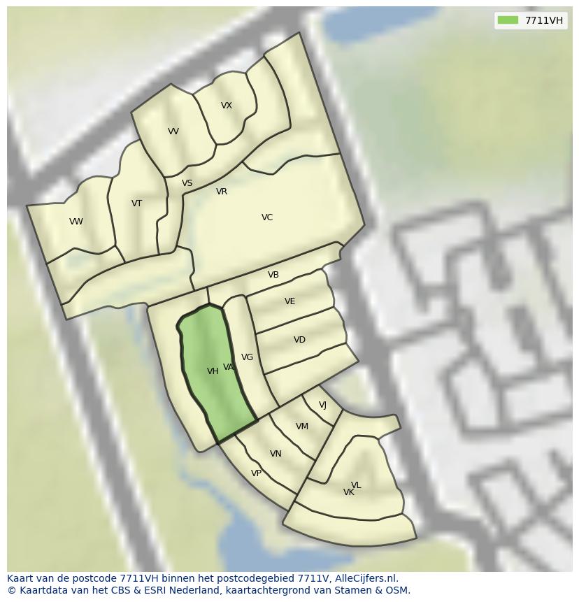 Afbeelding van het postcodegebied 7711 VH op de kaart.