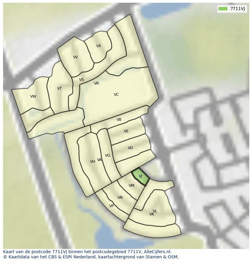Afbeelding van het postcodegebied 7711 VJ op de kaart.