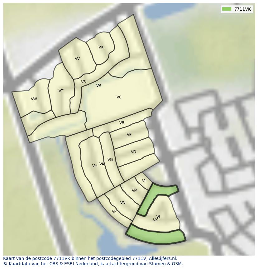 Afbeelding van het postcodegebied 7711 VK op de kaart.