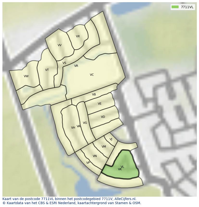 Afbeelding van het postcodegebied 7711 VL op de kaart.