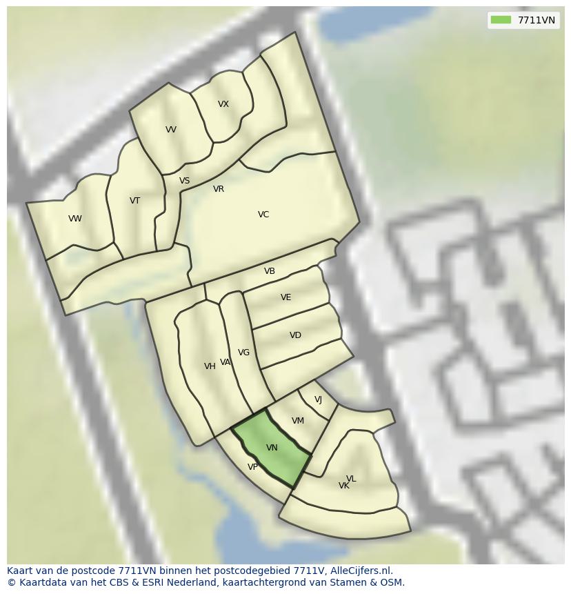 Afbeelding van het postcodegebied 7711 VN op de kaart.
