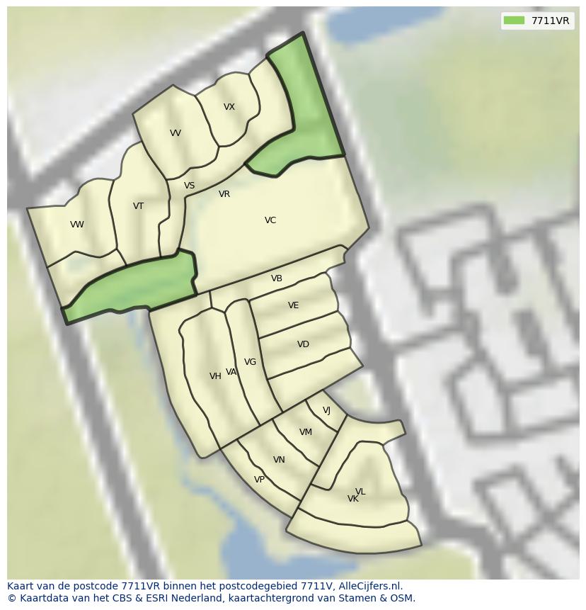 Afbeelding van het postcodegebied 7711 VR op de kaart.