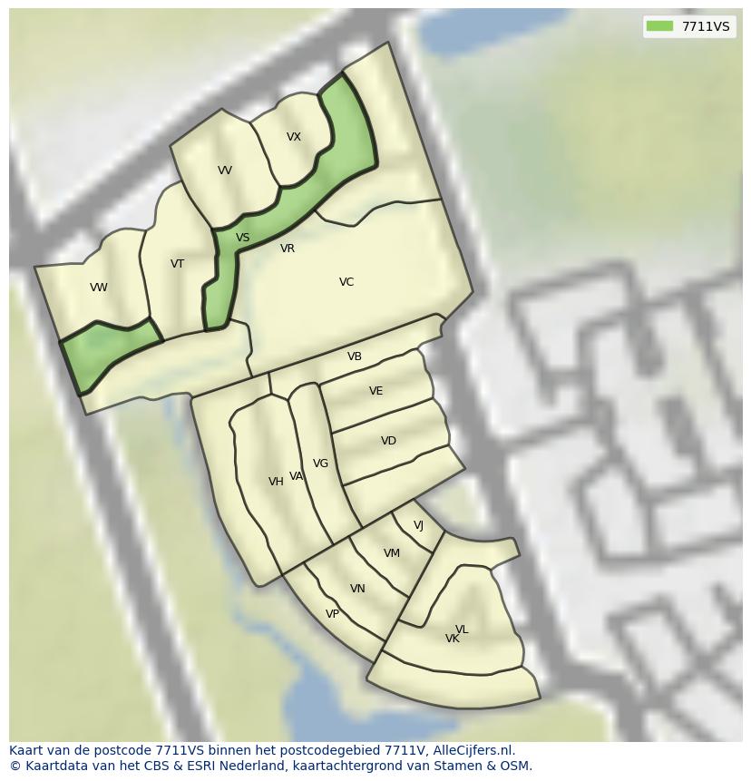 Afbeelding van het postcodegebied 7711 VS op de kaart.