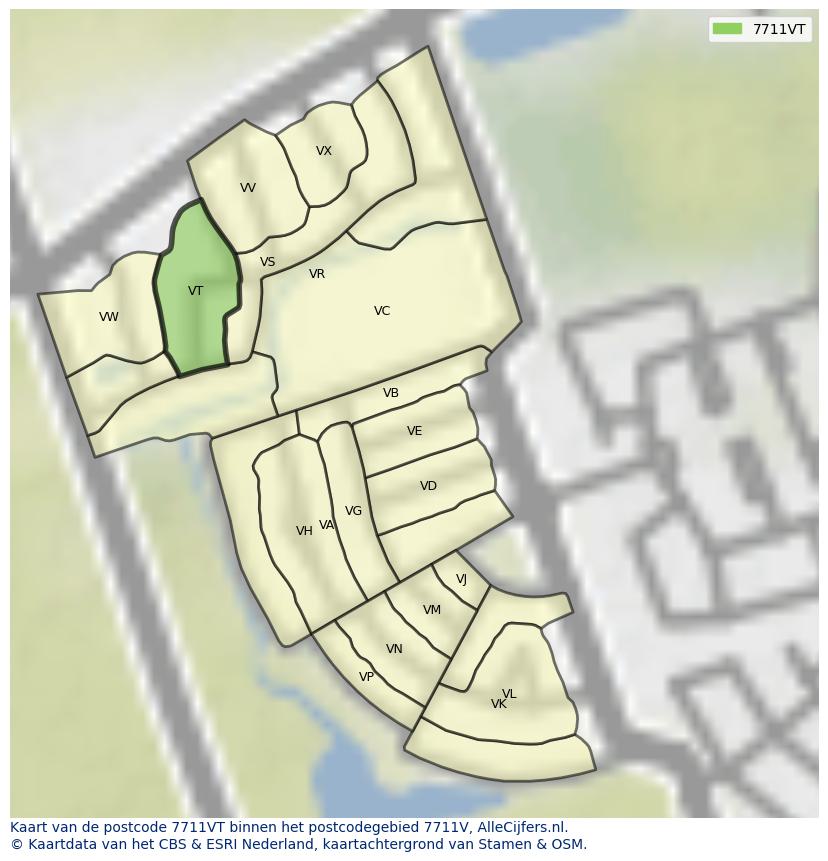 Afbeelding van het postcodegebied 7711 VT op de kaart.
