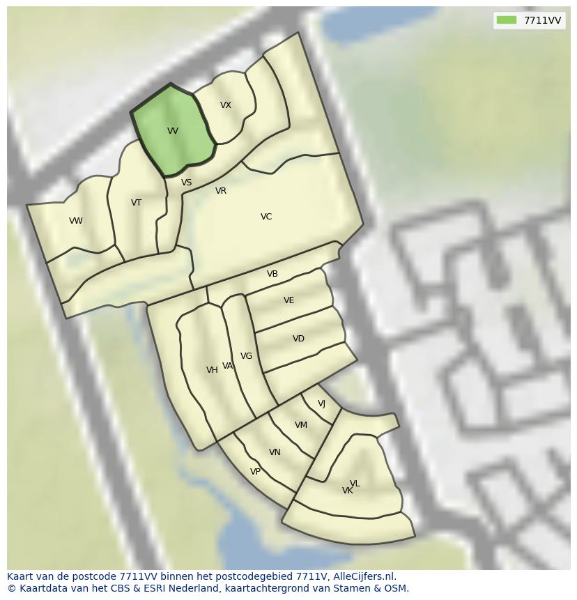 Afbeelding van het postcodegebied 7711 VV op de kaart.