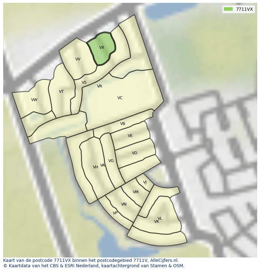 Afbeelding van het postcodegebied 7711 VX op de kaart.