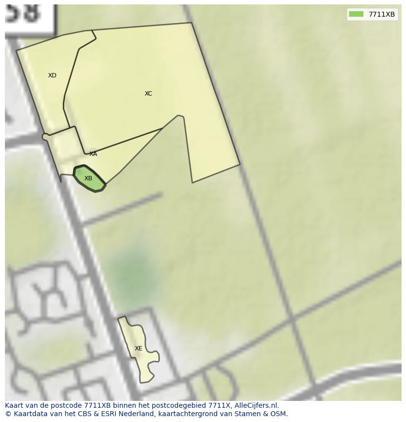 Afbeelding van het postcodegebied 7711 XB op de kaart.