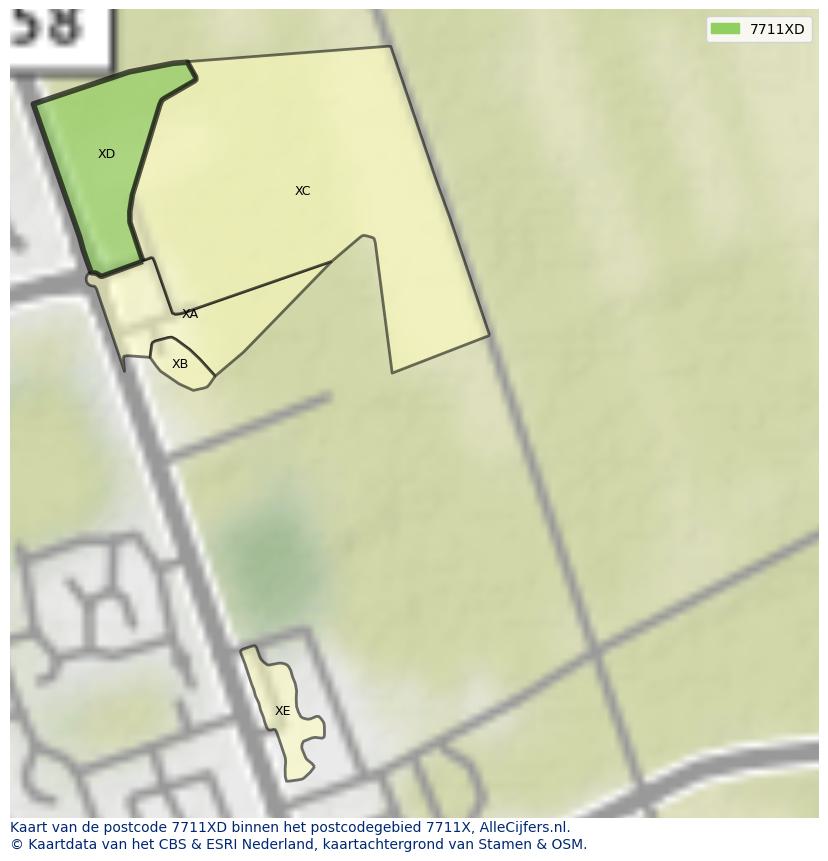 Afbeelding van het postcodegebied 7711 XD op de kaart.