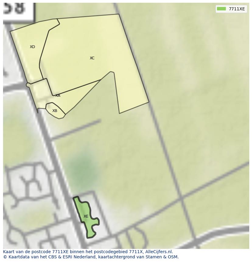 Afbeelding van het postcodegebied 7711 XE op de kaart.