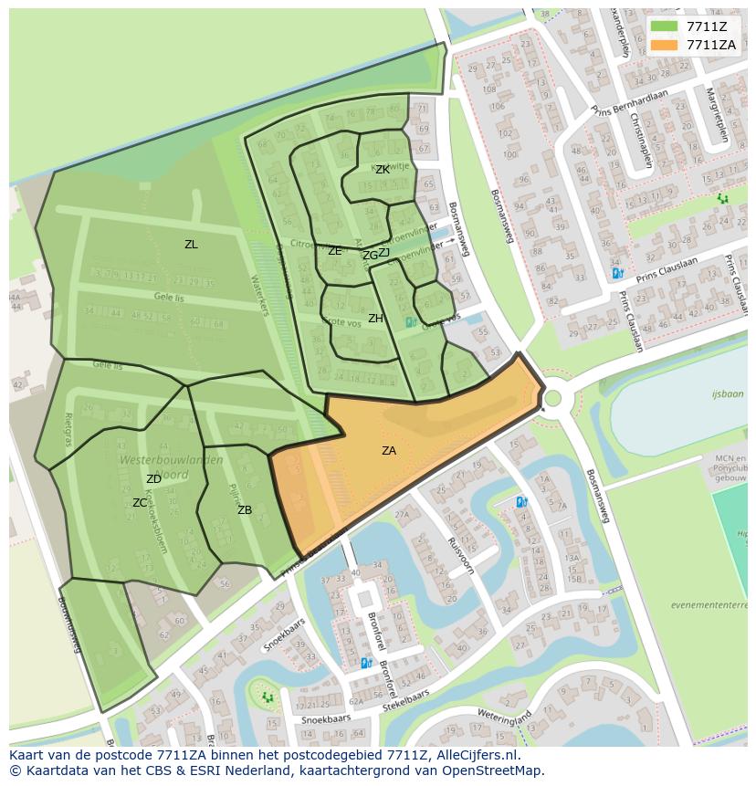 Afbeelding van het postcodegebied 7711 ZA op de kaart.