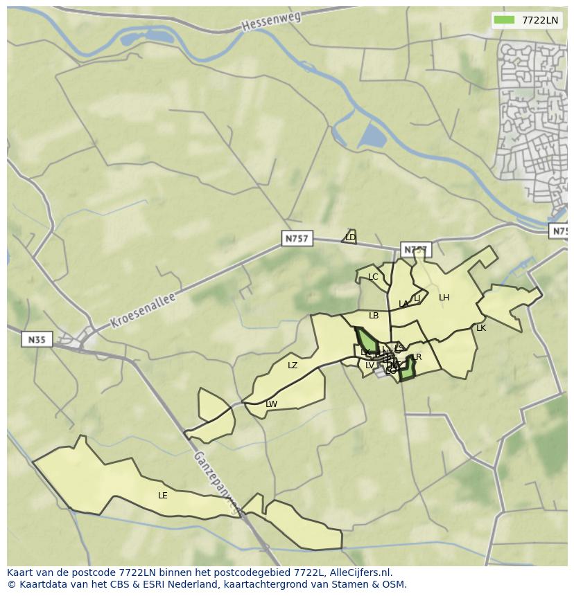 Afbeelding van het postcodegebied 7722 LN op de kaart.