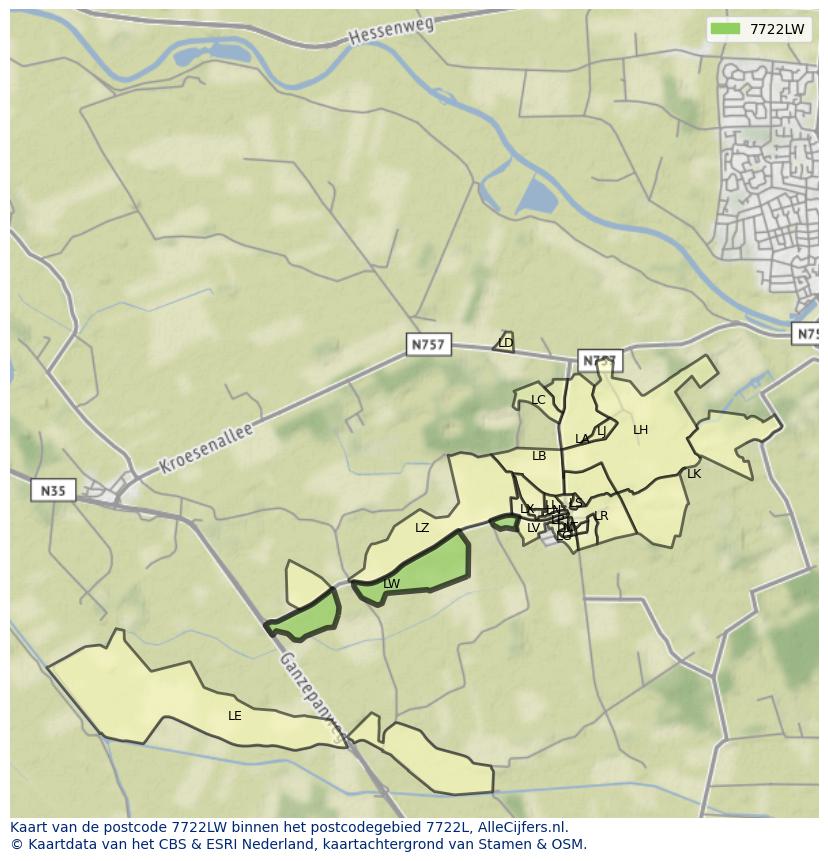 Afbeelding van het postcodegebied 7722 LW op de kaart.