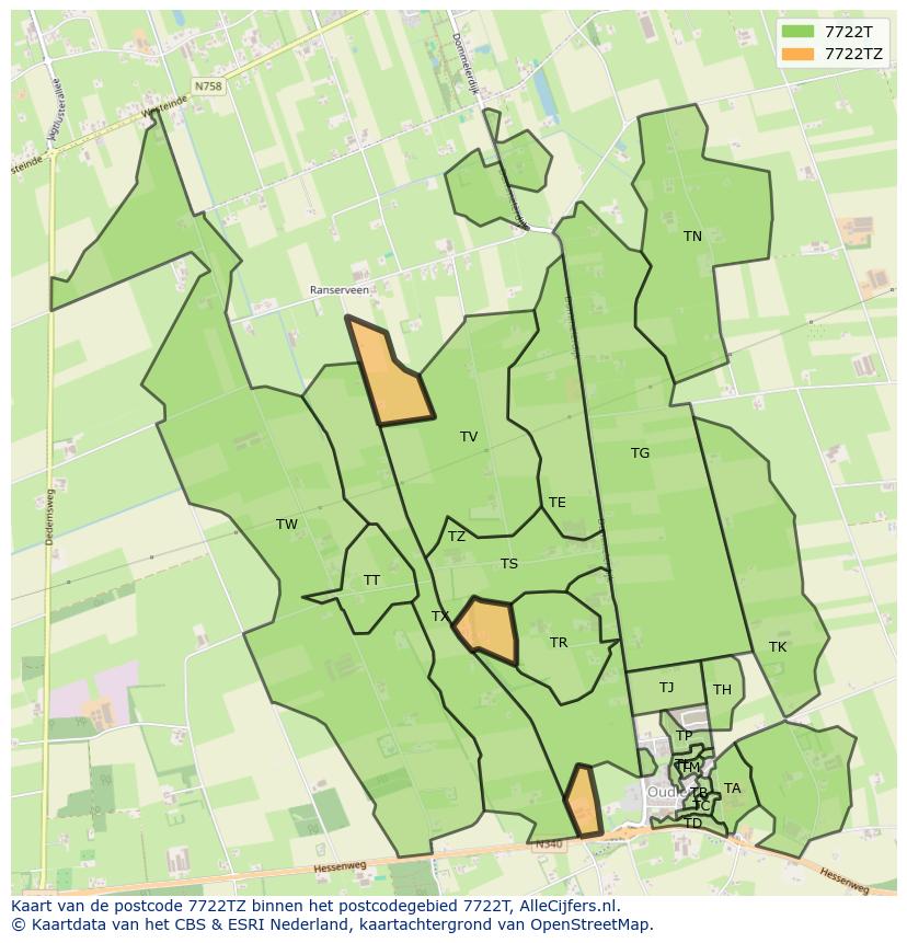 Afbeelding van het postcodegebied 7722 TZ op de kaart.