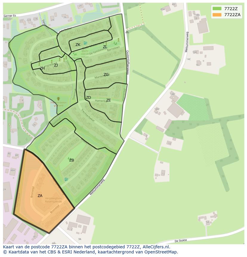 Afbeelding van het postcodegebied 7722 ZA op de kaart.
