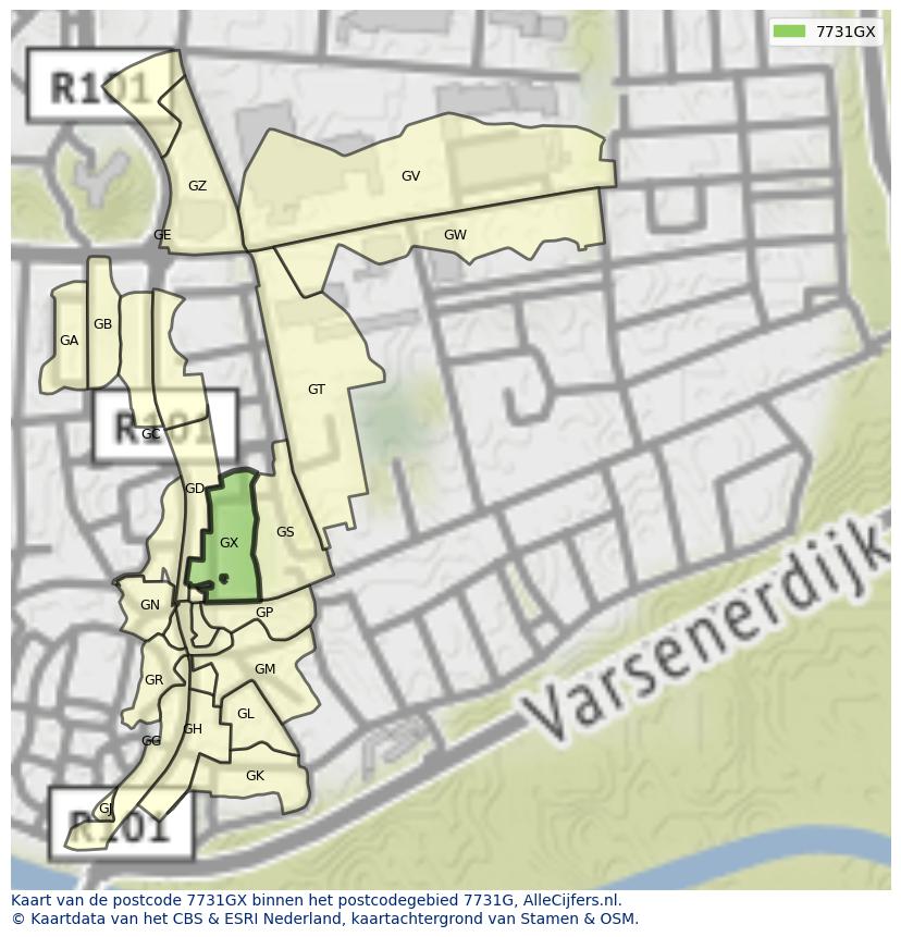 Afbeelding van het postcodegebied 7731 GX op de kaart.