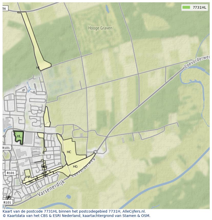 Afbeelding van het postcodegebied 7731 HL op de kaart.