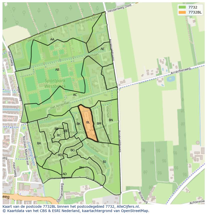 Afbeelding van het postcodegebied 7732 BL op de kaart.