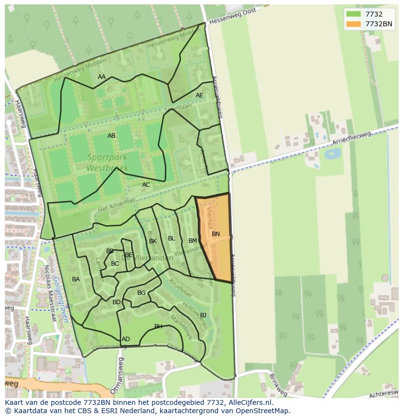 Afbeelding van het postcodegebied 7732 BN op de kaart.
