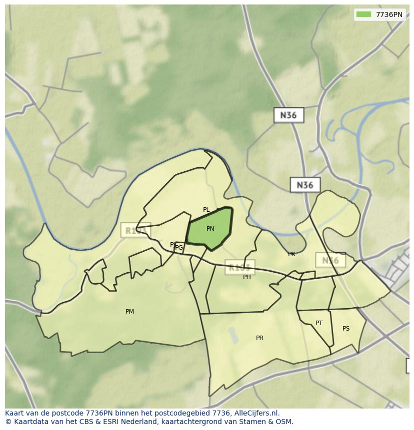 Afbeelding van het postcodegebied 7736 PN op de kaart.