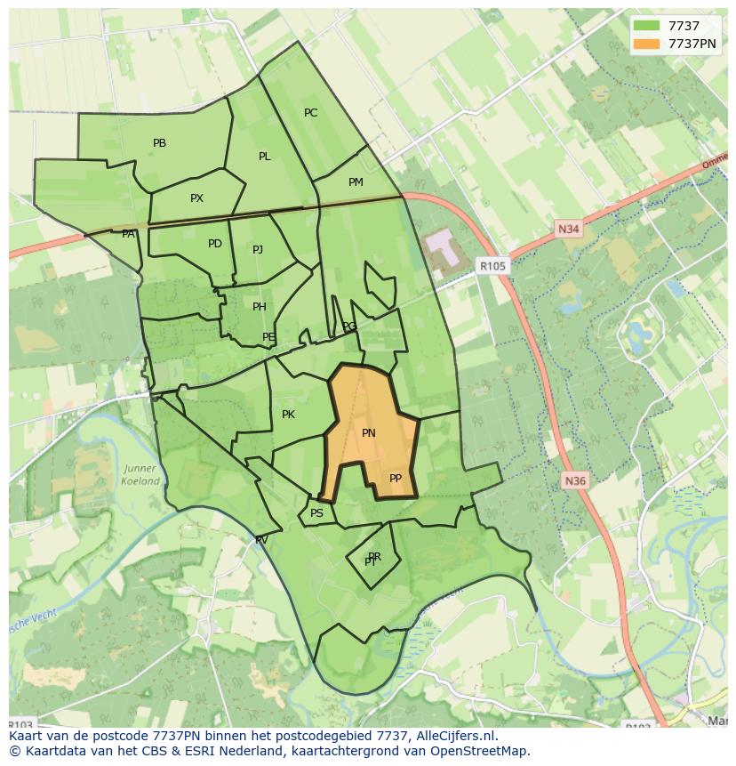 Afbeelding van het postcodegebied 7737 PN op de kaart.