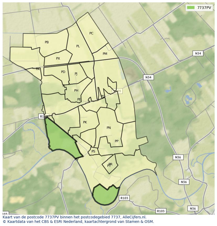 Afbeelding van het postcodegebied 7737 PV op de kaart.