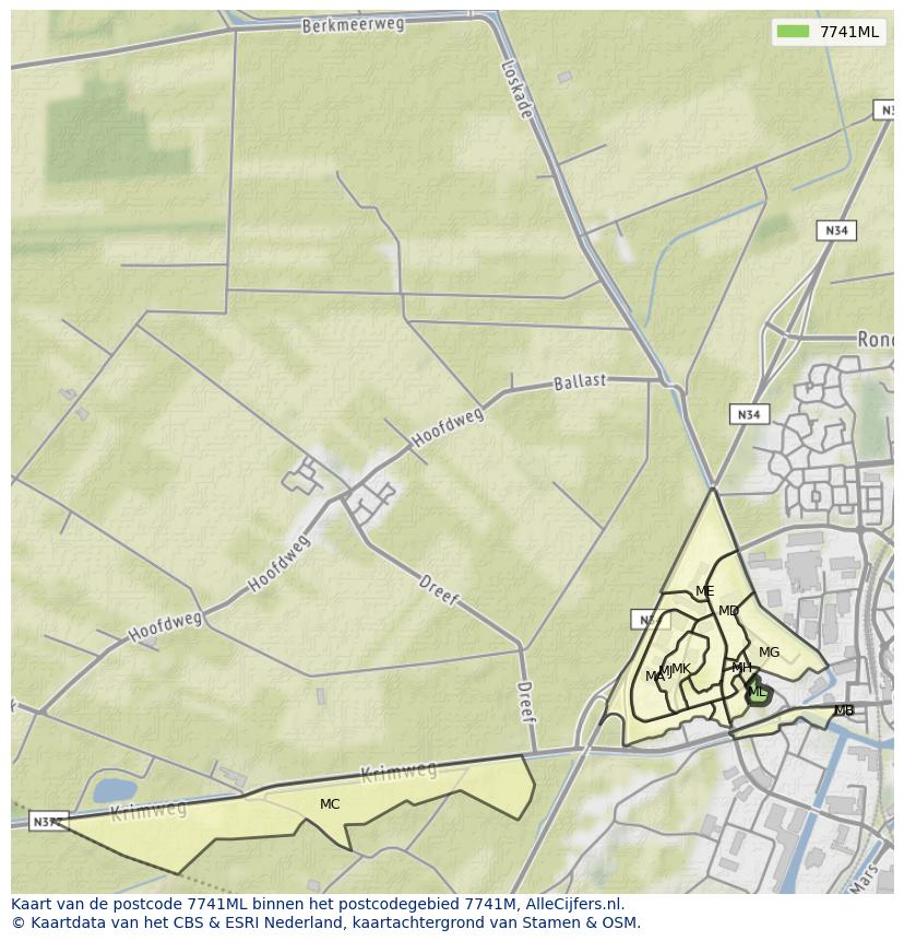 Afbeelding van het postcodegebied 7741 ML op de kaart.