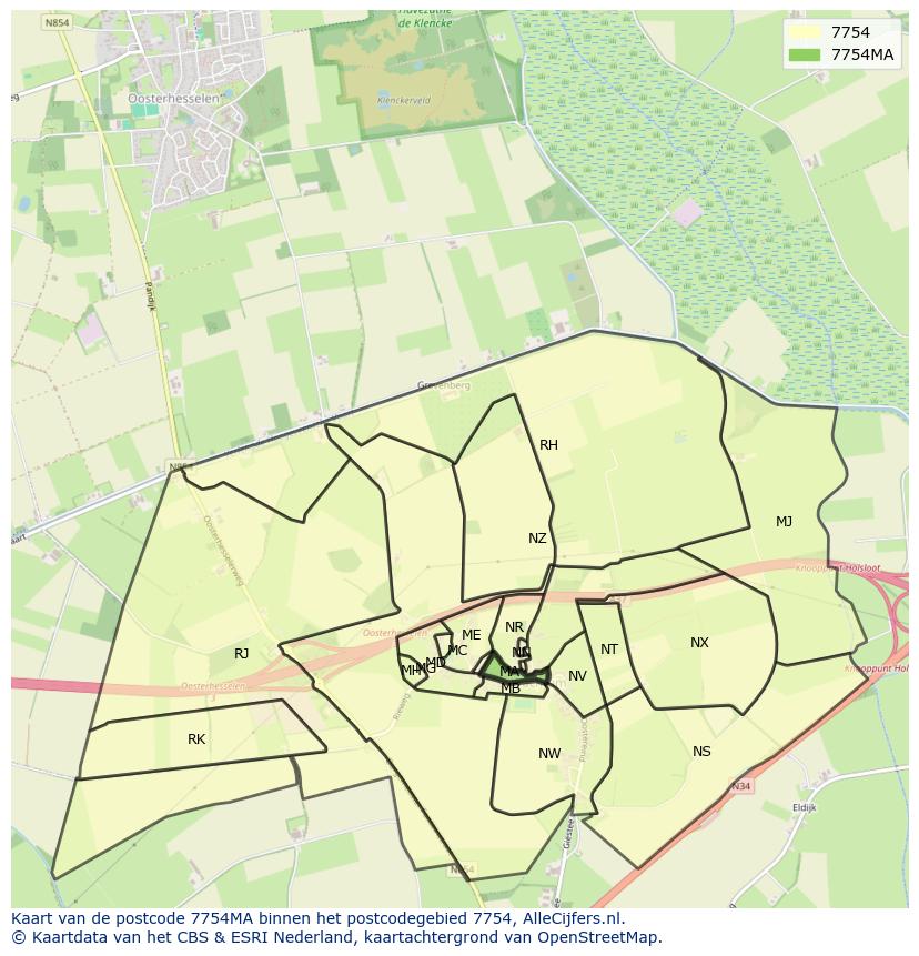 Afbeelding van het postcodegebied 7754 MA op de kaart.
