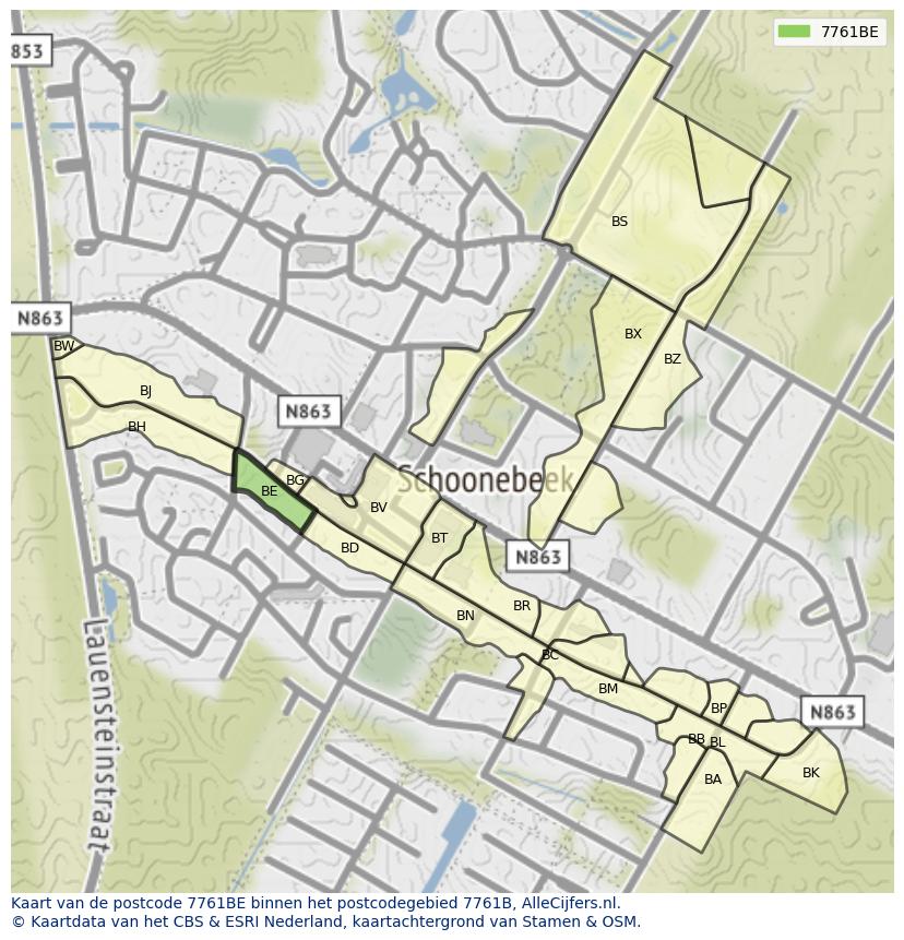 Afbeelding van het postcodegebied 7761 BE op de kaart.