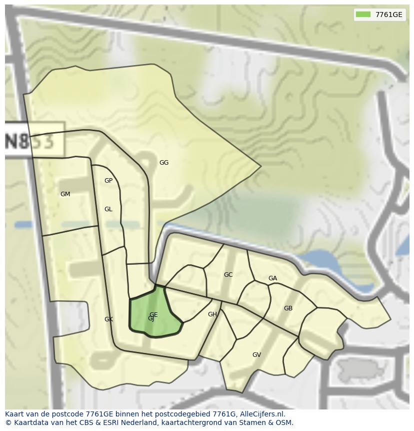 Afbeelding van het postcodegebied 7761 GE op de kaart.